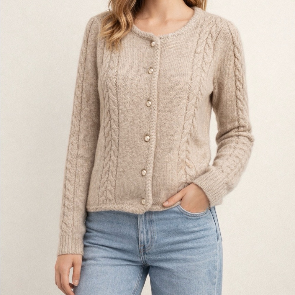 JOIE Cable Knit Gold Pearl Button Cardigan Sweater Beige Taupe Size Large NWOT